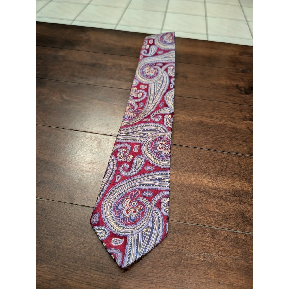 XMI Platinum Silk Tie. Red with Purple Paisley.